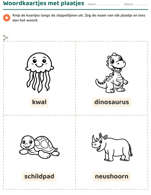 Voorbeeld van het Woordkaartjes-werkblad met Dieren ZW 5 voor kleuterklas