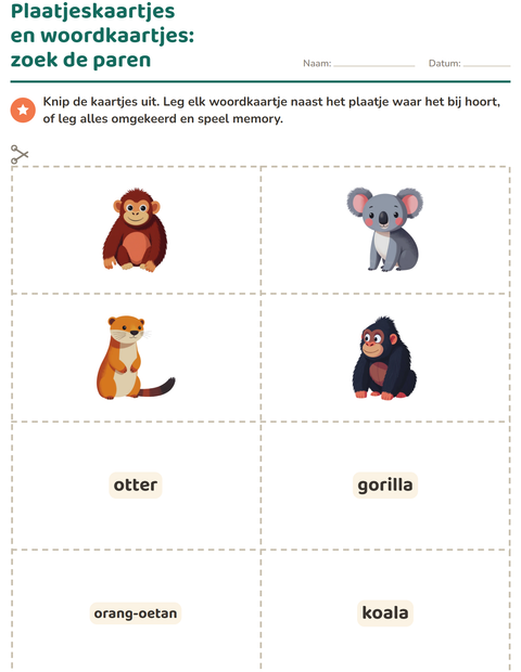 Voorbeeld van het Woordkaartjes-werkblad met Dierentuindieren voor kleuterklas