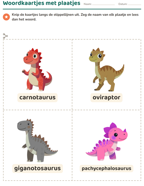 Voorbeeld van het Woordkaartjes-werkblad met Dinosaurussen voor kleuterklas