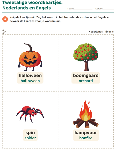 Voorbeeld van het Woordkaartjes-werkblad met Diversen voor kleuterklas