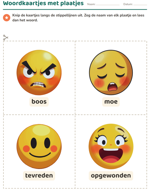 Voorbeeld van het Woordkaartjes-werkblad met Emoties voor kleuterklas