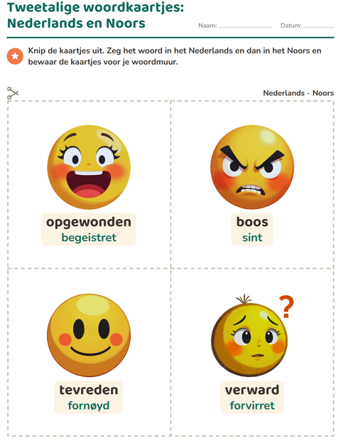 Voorbeeld van het Woordkaartjes-werkblad met Emoties voor kleuterklas