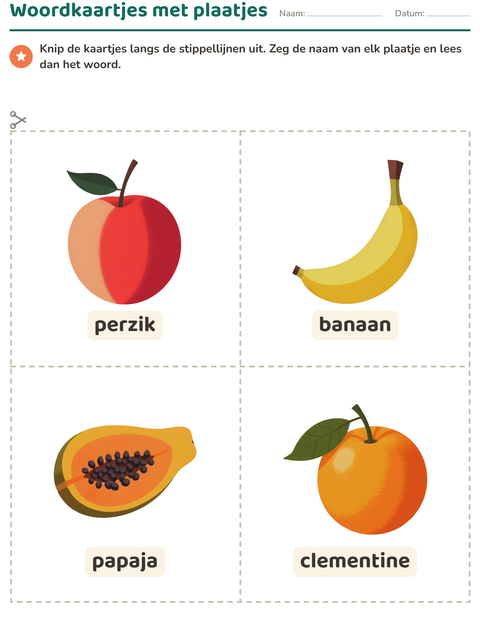 Voorbeeld van het Woordkaartjes-werkblad met Fruit voor kleuterklas