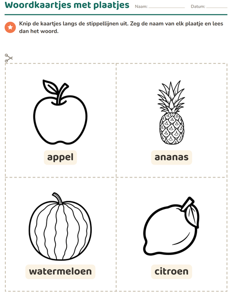 Voorbeeld van het Woordkaartjes-werkblad met Fruit ZW voor kleuterklas