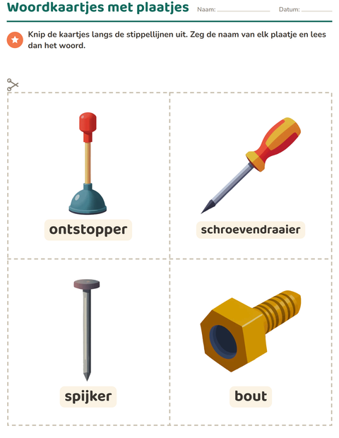 Voorbeeld van het Woordkaartjes-werkblad met Gereedschap voor kleuterklas