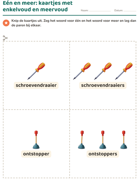 Voorbeeld van het Woordkaartjes-werkblad met Gereedschap voor kleuterklas
