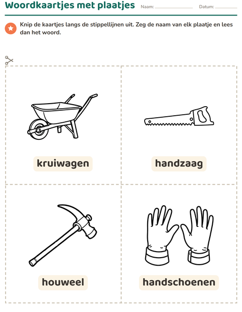 Voorbeeld van het Woordkaartjes-werkblad met Gereedschap ZW voor kleuterklas