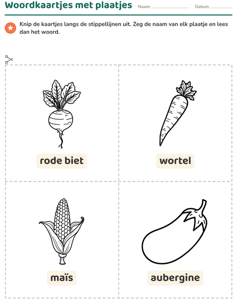 Voorbeeld van het Woordkaartjes-werkblad met Groenten ZW voor kleuterklas