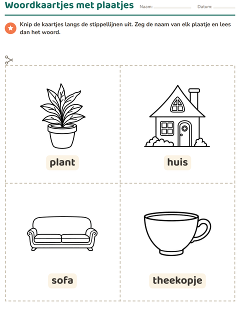 Voorbeeld van het Woordkaartjes-werkblad met Huis en Natuur ZW voor kleuterklas