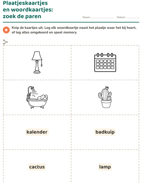 Voorbeeld van het Woordkaartjes-werkblad met Huis ZW voor kleuterklas