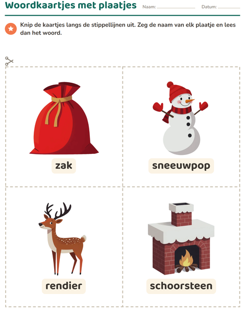 Voorbeeld van het Woordkaartjes-werkblad met Kerstmis voor kleuterklas