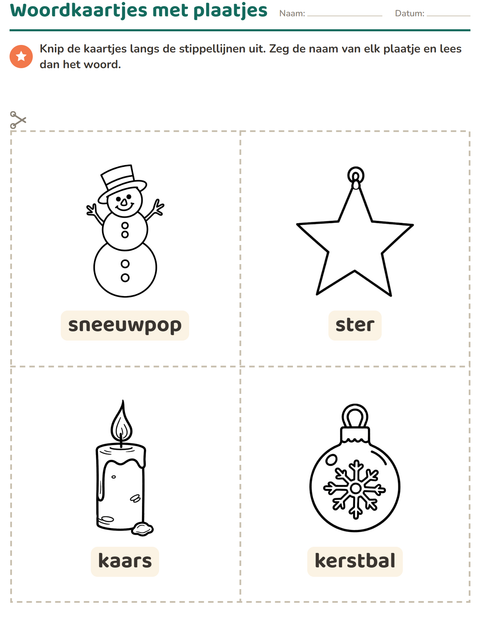 Voorbeeld van het Woordkaartjes-werkblad met Kerstmis Z/W voor kleuterklas
