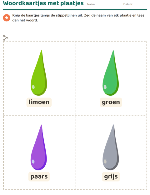 Voorbeeld van het Woordkaartjes-werkblad met Kleuren voor kleuterklas