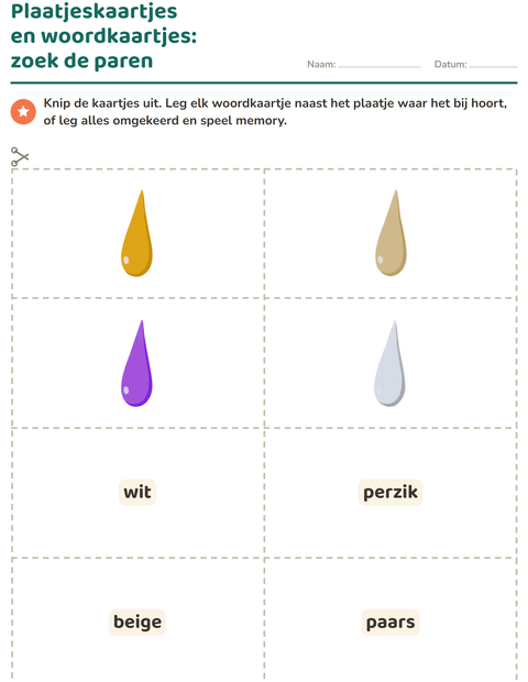 Voorbeeld van het Woordkaartjes-werkblad met Kleuren voor kleuterklas
