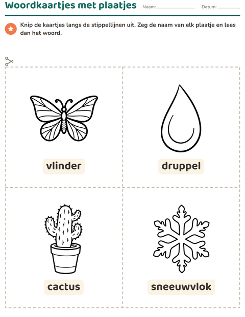 Voorbeeld van het Woordkaartjes-werkblad met Natuur ZW voor kleuterklas