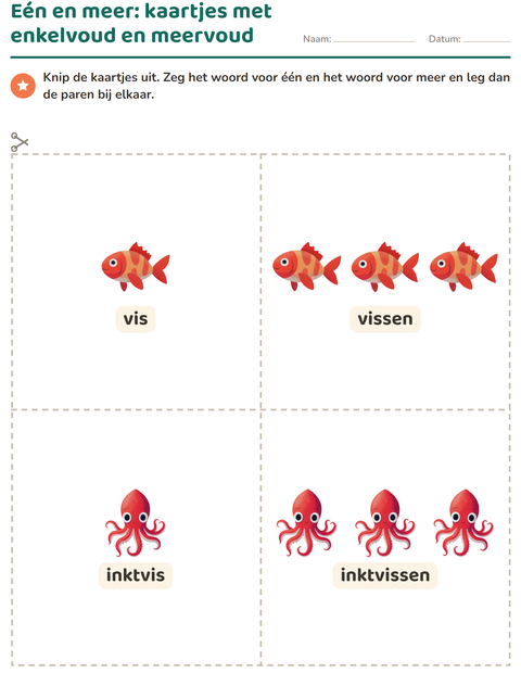 Voorbeeld van het Woordkaartjes-werkblad met Oceaanleven voor kleuterklas