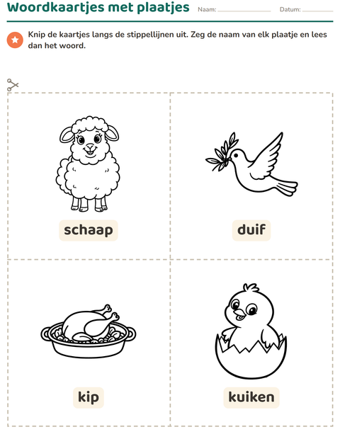 Voorbeeld van het Woordkaartjes-werkblad met Pasen ZW 2 voor kleuterklas