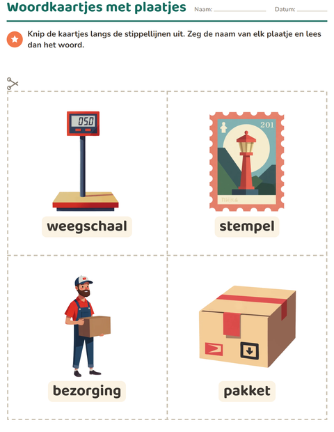Voorbeeld van het Woordkaartjes-werkblad met Postkantoor voor kleuterklas