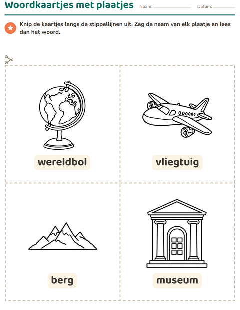 Voorbeeld van het Woordkaartjes-werkblad met Reizen en Vakantie ZW voor kleuterklas