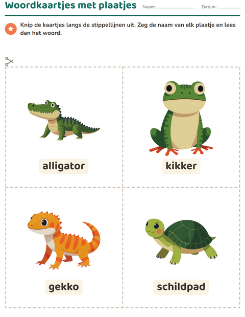 Voorbeeld van het Woordkaartjes-werkblad met Reptielen en amfibieën voor kleuterklas