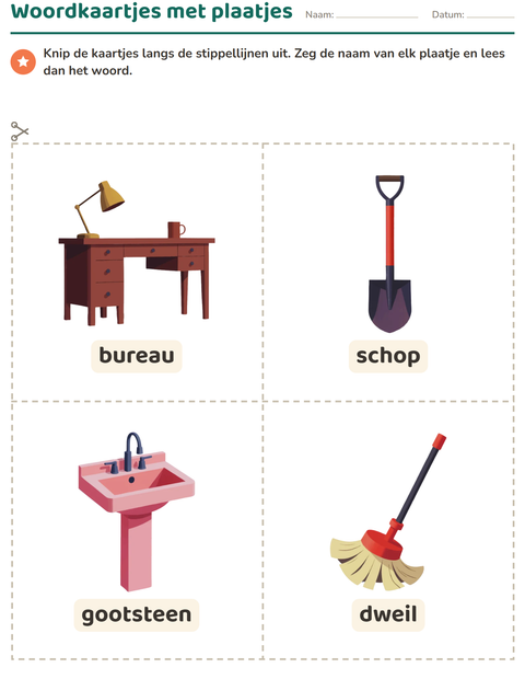 Voorbeeld van het Woordkaartjes-werkblad met Rond het huis voor kleuterklas
