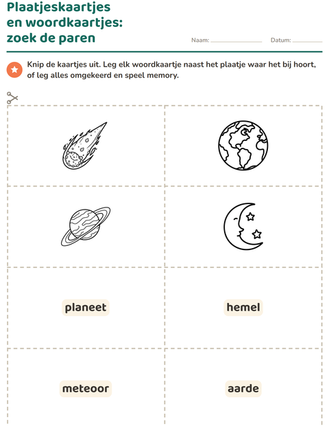 Voorbeeld van het Woordkaartjes-werkblad met Ruimte ZW voor kleuterklas