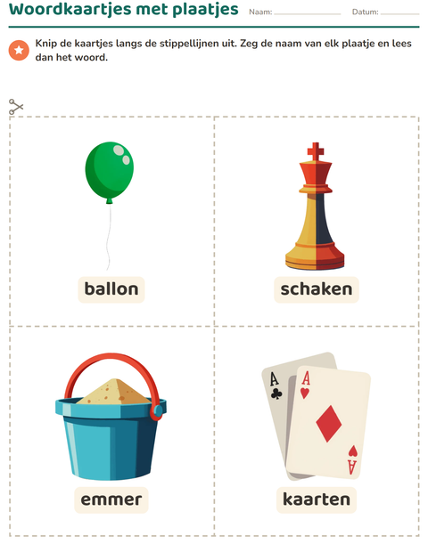 Voorbeeld van het Woordkaartjes-werkblad met Speelgoed voor kleuterklas