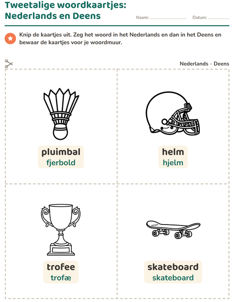 Voorbeeld van het Woordkaartjes-werkblad met Sport ZW 2 voor kleuterklas