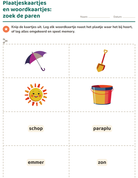Voorbeeld van het Woordkaartjes-werkblad met Strand voor kleuterklas