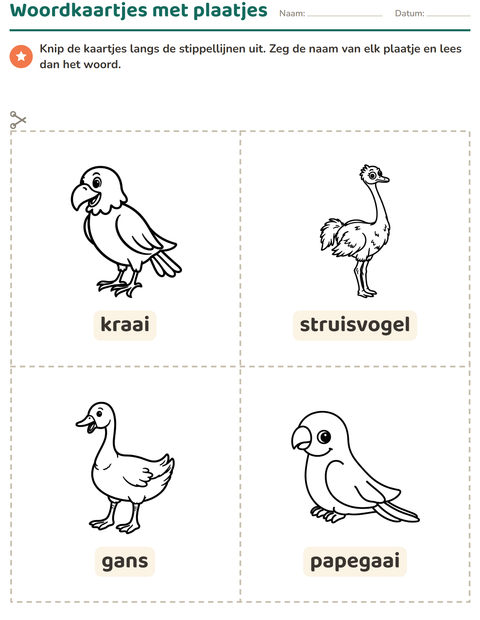 Voorbeeld van het Woordkaartjes-werkblad met Vogels Z&W 2 voor kleuterklas