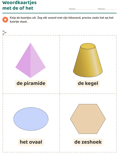 Voorbeeld van het Woordkaartjes-werkblad met Vormen voor kleuterklas