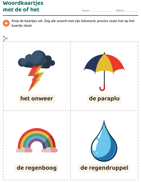Voorbeeld van het Woordkaartjes-werkblad met Weer voor kleuterklas