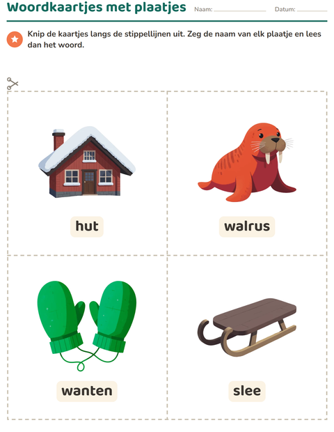 Voorbeeld van het Woordkaartjes-werkblad met Winter voor kleuterklas