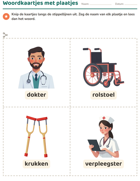 Voorbeeld van het Woordkaartjes-werkblad met Ziekenhuis voor kleuterklas