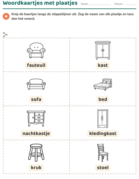 Voorbeeld van het Woordkaartjes-werkblad met Meubels ZW voor kleuterklas