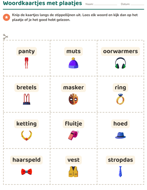 Voorbeeld van het Woordkaartjes-werkblad met Accessoires voor kleuterklas