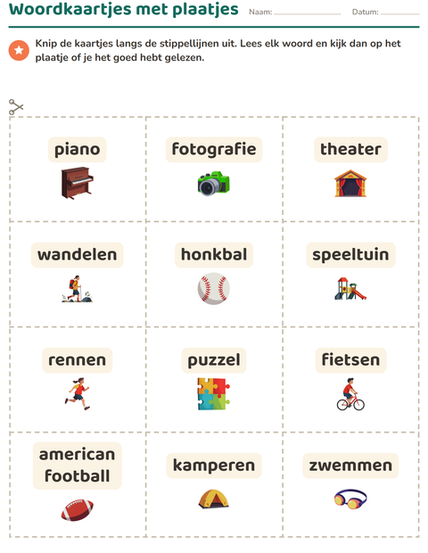 Voorbeeld van het Woordkaartjes-werkblad met Activiteiten voor kleuterklas