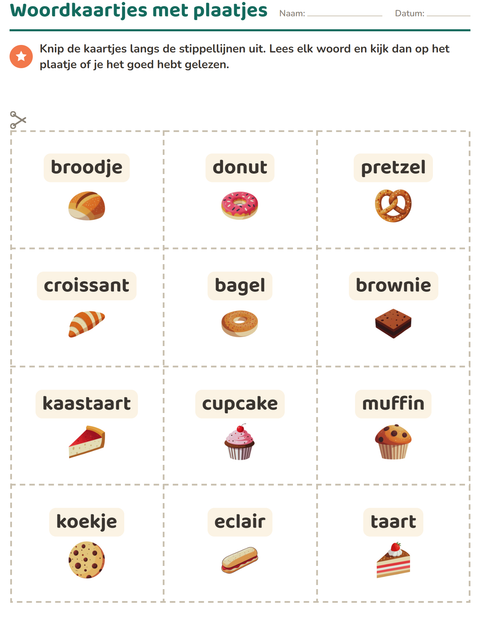 Voorbeeld van het Woordkaartjes-werkblad met Bakkerij voor kleuterklas