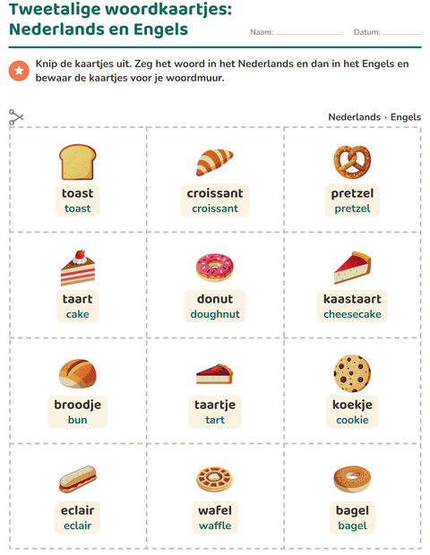 Voorbeeld van het Woordkaartjes-werkblad met Bakkerij voor kleuterklas