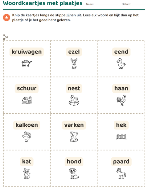 Voorbeeld van het Woordkaartjes-werkblad met Boerderij ZW voor kleuterklas