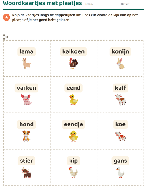 Voorbeeld van het Woordkaartjes-werkblad met Boerderijdieren voor kleuterklas