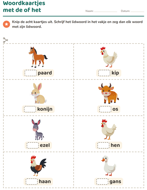 Voorbeeld van het Woordkaartjes-werkblad met Boerderijdieren voor kleuterklas