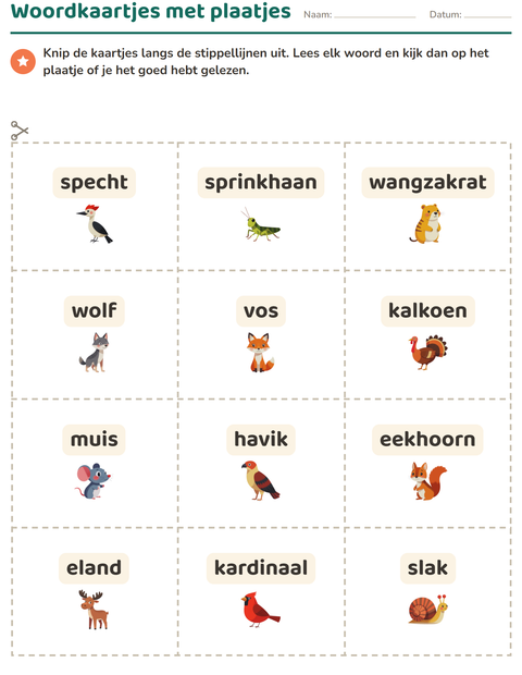 Voorbeeld van het Woordkaartjes-werkblad met Boswezens voor kleuterklas