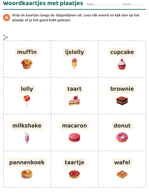 Voorbeeld van het Woordkaartjes-werkblad met Desserts en snoep voor kleuterklas