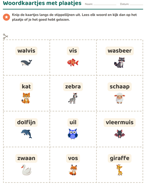 Voorbeeld van het Woordkaartjes-werkblad met Dieren voor kleuterklas