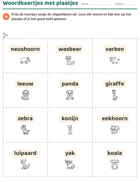 Voorbeeld van het Woordkaartjes-werkblad met Dieren ZW 2 voor kleuterklas