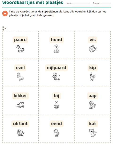 Voorbeeld van het Woordkaartjes-werkblad met Dieren ZW 3 voor kleuterklas