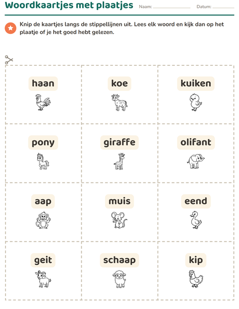 Voorbeeld van het Woordkaartjes-werkblad met Dieren ZW 4 voor kleuterklas