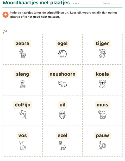 Voorbeeld van het Woordkaartjes-werkblad met Dieren ZW 5 voor kleuterklas