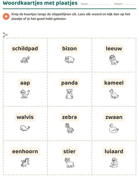Voorbeeld van het Woordkaartjes-werkblad met Dieren ZW voor kleuterklas